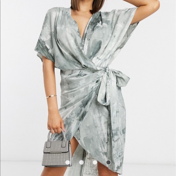 asos satin kimono dress ASOS DESIGN satin wrap maxi dress with drape bodice and kimono sleeve in mono abstract print